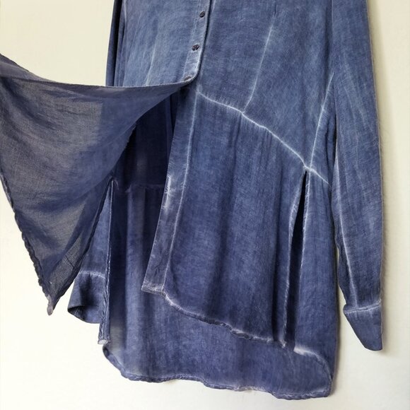 Bella Dahl Blue Distressed Split Side Longline Tunic Button Down Shirt Top L USA - Picture 5 of 15